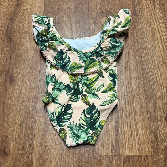 Janie & Jack Toddler Girl Palm Print One Piece Swim Suit Iced Nectar Size 12-18M - Picture 2 of 6